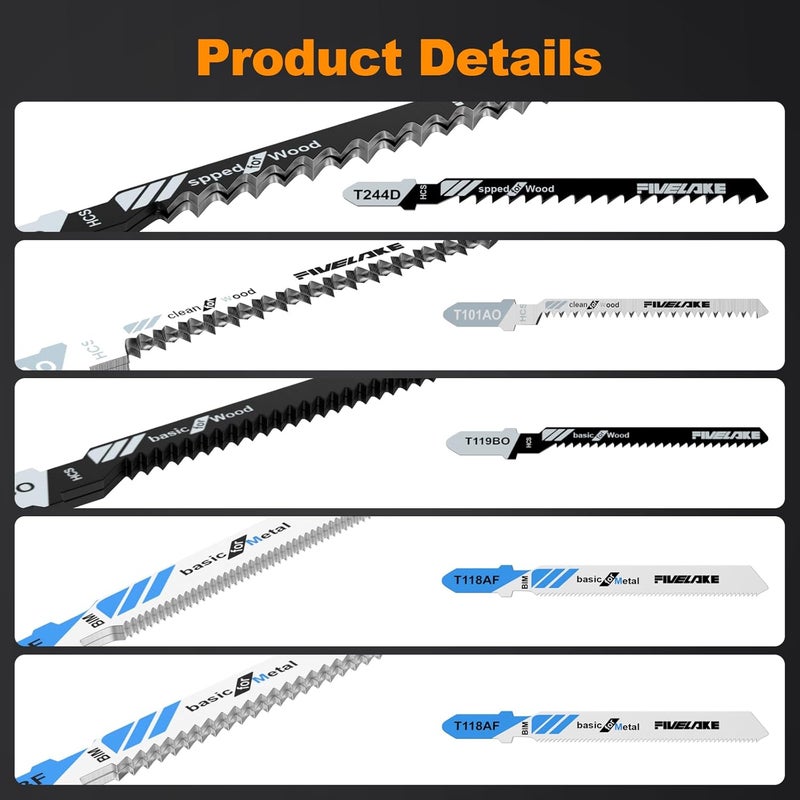 FIVELAKE T-Shank Jigsaw Blades Set with Case, 20Pcs Assorted Replacement Jigsaw Blades for Wood, Plastic and Metal Cutting (T118AF, T118BF, T101AO, T119BO, T101B, T101BR, T111C, T244D, T144D) - Image 3